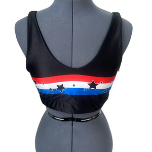 GOLDSHEEP Sz XL Black Sports Bra w/ Red, White & Blue Stars & stripes NWT